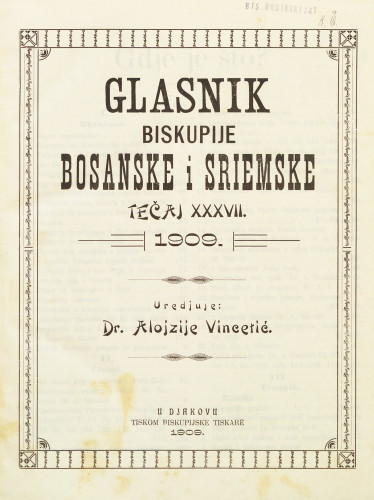 God. 37(1909) / uredjuje dr. Alojzije Vincetić